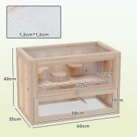 PawHut Hamsterkäfig aus Holz 2 Etagen 60 x 35 x 42 cm Nagerkäfig Kleintierkäfig mit aufklappbarem Gitterdach Trinkflasche Rampe Wippe Fütterungsstation Mäusekäfig für Zwerghamster Naturholz(m-3)