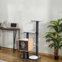 PawHut Arbre à chats design contemporain griffoirs grattoirs sisal naturel centre d'activités niche plate-formes jeu boules suspendues 71,5L x 49,5l x 120H cm MDF noir hêtre(m-10)