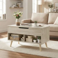 HOMCOM Table basse relevable, table de salon avec compartiment caché et étagères ouvertes, 75 x 40 x 58 cm, bois naturel(m-8)