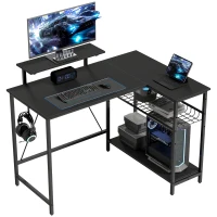 HOMCOM Bureau gaming réversible, bureau gaming d'angle, support pour écran, étagère en maille réglable, 114,5x82x91,5cm, noir(m-1)