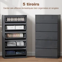 HOMCOM Commode 5 tiroirs, meuble de rangement à haute brillance, fermeture douce et silencieuse, 53 x 34 x 100 cm, gris(m-4)