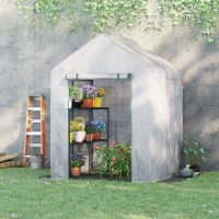 Outsunny Serre de jardin PE avec étagères 2 niveaux, serre de balcon, bâche renforcée 140 g/m², châssis en acier, porte zippée enroulable, pour légumes plantes fleurs, 143x143x195cm, blanc(m-11)