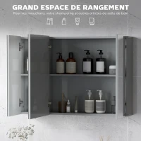 kleankin Armoire murale de salle de bain avec 3 portes miroir et étagères réglables en MDF Gris dim. 90L x 15l x 60H cm(m-5)