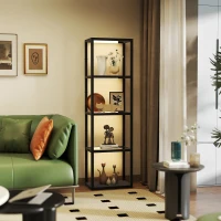 HOMCOM LED-Stehlampe mit 4-stufigem Regal, Leuchtregal mit 4 Glasfächern, Fußschalter, MDF, Schwarz(m-11)