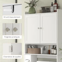 HOMCOM Meuble WC dessus de toilette ou machine à laver, 2 portes, 3 compartiments, porte-papier toilette, 80x19,5x170cm, blanc(m-7)