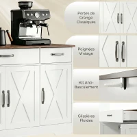 HOMCOM Buffet, meuble de rangement cuisine style ferme avec 4 portes de grange, 3 tiroirs, étagères ajustables, blanc(m-7)