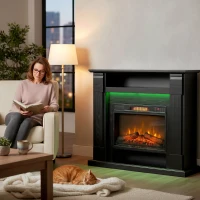 HOMCOM Șemineu Electric de 1800W Reglabil cu Flacără 3D, Raft, Timer și Telecomandă, 105x27x97 cm, Negru(m-8)