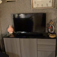 HOMCOM High Gloss Side Cabinet, Push-Open Design with 2 Drawers and 2 Cabinets for Living Room, 74H x 117W x 36Dcm, Light Grey and Black(m-9)