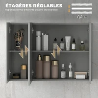 kleankin Armoire murale de salle de bain avec 3 portes miroir et étagères réglables en MDF Gris dim. 90L x 15l x 60H cm(m-6)