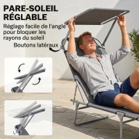Outsunny Transat Bain de Soleil Pliable Chaise Longue Pliante Grand Confort Dossier Inclinable Multi-positions et Pare-Soleil réglable Dim. 187L x 58l x 36H cm Gris(m-4)