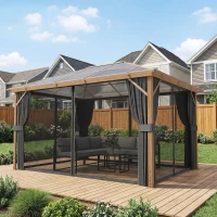 Outsunny Tonnelle de Jardin Pavillon Extérieur Aspect Bois Toit Rigide en Polycarbonate UV50+ Imperméable 398x298x262cm Naturel(m-10)