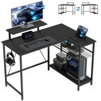 HOMCOM Bureau gaming réversible, bureau gaming d'angle, support pour écran, étagère en maille réglable, 114,5x82x91,5cm, noir(m-11)