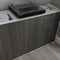 HOMCOM High Gloss Side Cabinet, Push-Open Design with 2 Drawers and 2 Cabinets for Living Room, 74H x 117W x 36Dcm, Light Grey and Black(m-10)