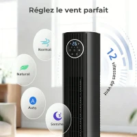 HOMCOM Ventilateur colonne silencieux 28dB, vitesse 8m/s, ventilateur tour chambre, 12 vitesses, 4 modes, minuterie 12H, noir(m-7)