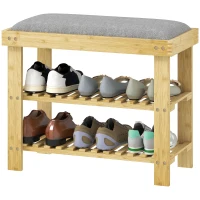 HOMCOM Banc à chaussures en bambou, étagère à chaussures à 3 niveaux, style scandinave, 60 x 29 x 49 cm, gris et bois naturel(m-1)