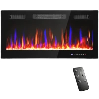 HOMCOM Șemineu Electric de Perete 900/1800W Ultra Subțire 9,4cm, 12 Culori Flacără 3D și Cristal Reglabil, Șemineu Electric cu Telecomandă, Touchscreen, Timer, Termostat, 30㎡ Negru(m-10)