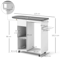 HOMCOM Armoire à repasser en bois table à repasser avec roulettes barre de suspension étagère 125 x 43,5 x 102,5 cm blanc(m-3)