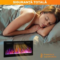 HOMCOM Șemineu Electric de Perete 900/1800W Ultra Subțire 9,4cm, 12 Culori Flacără 3D și Cristal Reglabil, Șemineu Electric cu Telecomandă, Touchscreen, Timer, Termostat, 30㎡ Negru(m-8)
