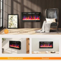 HOMCOM Șemineu Electric de Perete 900/1800W Ultra Subțire 9,4cm, 12 Culori Flacără 3D și Cristal Reglabil, Șemineu Electric cu Telecomandă, Touchscreen, Timer, Termostat, 30㎡ Negru(m-9)