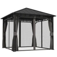 Outsunny Pavillon 3 x 3 m Wasserdicht Stabil Winterfest Gartenpavillon mit Seitenteile, Netze, Haken Hardtop Dunkelgrau(m-1)