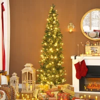 HOMCOM Sapin de Noël artificiel 210 cm, arbre de Noël slim avec 300 lumières 8 modes d'éclairage 826 branches articulées, vert(m-2)
