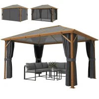 Outsunny Tonnelle de Jardin Pavillon Extérieur Aspect Bois Toit Rigide en Polycarbonate UV50+ Imperméable 398x298x262cm Naturel(m-1)