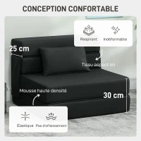 HOMCOM Fauteuil convertible 1 place fauteuil lit pliant, coussin inclus, pour invités, salon, petit espace, charge 120 kg, noir(m-5)