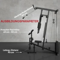 HOMCOM Kraftstation für Zuhause Fitnessstation mit Latzuggerät, Kabelzug, kurzer Bizepsstange, Brustpresse, Beintrainer, Butterfly-Maschine 45kg Gewichten Multifunktion Fitnessstation Schwarz(m-7)