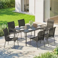 Outsunny Salon de Jardin 6 Personnes Ensemble Table et Chaises Jardin avec Chaises Empilables en Textilène 70x51x87cm Noir(m-10)