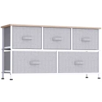 HOMCOM Commode meuble de rangement 100 x 30 x 54 cm 5 tiroirs non-tissés gris structure acier blanc bois clair(m-18)