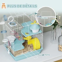 PawHut Cage hamster, cage rongeur à 3 niveaux, avec roue d'exercice, tunnel de jeu, gamelle, cabane, 34,5 x 27,5 x 41 cm, bleu(m-7)
