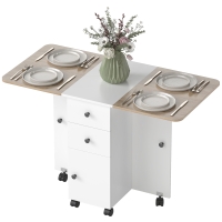 HOMCOM Table de cuisine pliable table à manger pliante 2 plateaux rabattables avec 2 tiroirs 1 placard blanc et chêne