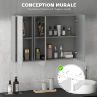 kleankin Armoire murale de salle de bain avec 3 portes miroir et étagères réglables en MDF Gris dim. 90L x 15l x 60H cm(m-4)