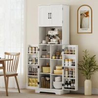 HOMCOM Buffet haut cuisine armoire de cuisine, 4 portes plan de travail 8 porte-épices étagères réglables 60x40x181,5cm blanc(m-8)