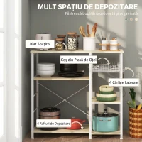 HOMCOM Dulap de Bucătărie Modern cu 4 Rafturi, Coș și Cârlige din Lemn și Oțel, 90x40x84.5cm, Stejar și Alb(m-4)