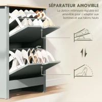 HOMCOM Meuble à chaussures 12 paires, armoire à chaussures étroite avec 2 tiroirs rabattables et étagères réglables, gris clair(m-6)