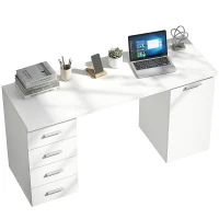HOMCOM Computertafel met 4 laden en kast, 140 cm bureau voor werkkamer, witte houtlook(m-11)