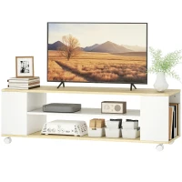 HOMCOM Mobilier TV cu roți 120 cm, mobilier TV pentru televizoare până la 140 cm, 2 rafturi deschise, alb și natural(m-7)