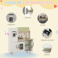 AIYAPLAY Cocinita de Juguete Infantil de Madera con Máquina de Hielo Fregadero Móvil y Utensilios de Cocina 84x34x89 cm Blanco(m-4)