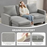 HOMCOM Canapé d'angle canapé 3 places avec méridienne réversible gauche ou droite pour salon, bureau, appartement, tissu polyester 197L x 139l x 91H cm gris clair(m-4)