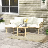 Outsunny Set da Giardino 3pz con Chaise Longue, Divanetto, Cuscini e Tavolino, in Rattan e Acciaio, Bianco Crema e Legno(m-7)
