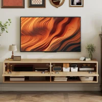 HOMCOM Mueble de TV Suspendido 2 Cajones Abatibles 2 Estantes Abiertos para Televisión 60 Pulgadas 140x32x31 cm Madera Natural(m-7)