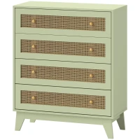HOMCOM Commode 4 tiroirs meuble de rangement cannage en rotin aspect bois clair 80 x 35 x 95 cm vert(m-1)