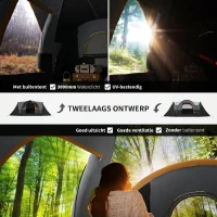 Outsunny Kampeertent voor 5-6 Personen, Familietent, Draagtas, 4,55x2,2x1,8m, Lichtgrijs/Zwart(m-4)