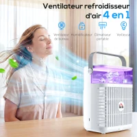 HOMCOM Climatiseur portable, mini rafraîchisseur d'air 4 en 1, 3 vitesses, 2 modes brumisation, éclairage LED RGB 7 LED, blanc(m-4)