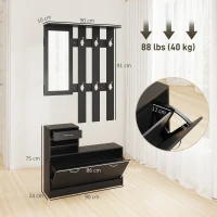 HOMCOM Ensembles 3 en 1 de meuble d'entrée vestiaire avec panneau porte-manteau, miroir et banc à chaussures - 6 crochets et étagère réglable, noir(m-3)