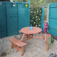 Outsunny Wooden Garden Dining Set, 6 Seater Round Dining Picnic Table with Matching Bench, Garden Furniture Set with Parasol Hole for Outdoor Patio Party and Family Gatherings, Brownish Red(m-9)
