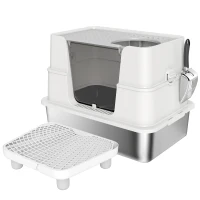 PawHut Bac à Litière XL en Acier Inoxydable pour Grand Chat, Couvercle Pivotant 100°, Pelle, 60,2x40,2x44,5cm, Gris Clair(m-12)