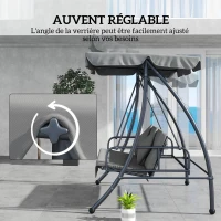 Outsunny Balancelle de Jardin Convertible 3 Places Inclinaison Toit réglable Matelas 2 x 1,25 x 1,7 m métal Polyester Gris clair(m-4)