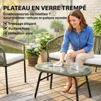 Outsunny Salon de Jardin Extérieur 4 Places Canapé 2 Places 2 Fauteuils et Table Basse Verre Trempé PP Rond Tressé Crème(m-7)